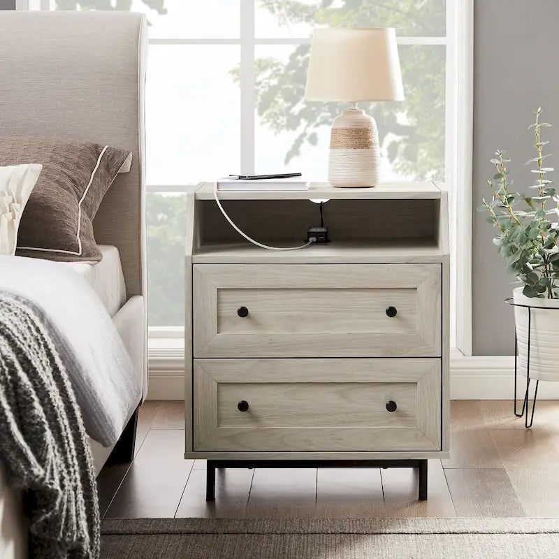 Table de chevet 2 tiroirs en bouleau/noyer foncé avec ports USB, style contemporain, unique