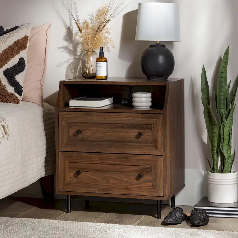 Table de chevet 2 tiroirs en bouleau/noyer foncé avec ports USB, style contemporain, unique