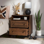 Table de chevet 2 tiroirs en bouleau/noyer foncé avec ports USB, style contemporain, unique