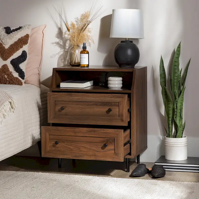 Table de chevet 2 tiroirs en bouleau/noyer foncé avec ports USB, style contemporain, unique