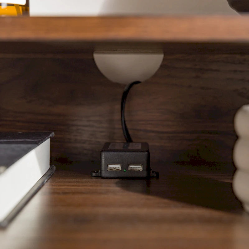 Table de chevet 2 tiroirs en bouleau/noyer foncé avec ports USB, style contemporain, unique