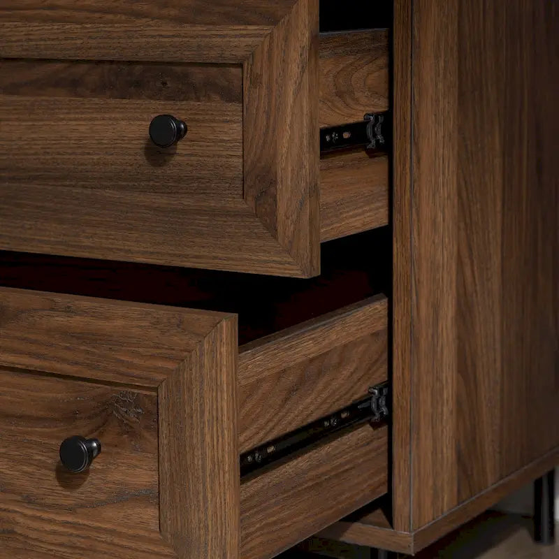Table de chevet 2 tiroirs en bouleau/noyer foncé avec ports USB, style contemporain, unique