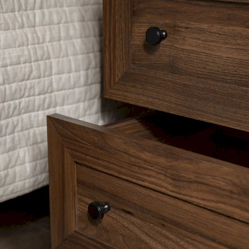 Table de chevet 2 tiroirs en bouleau/noyer foncé avec ports USB, style contemporain, unique