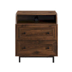 Table de chevet 2 tiroirs en bouleau/noyer foncé avec ports USB, style contemporain, unique