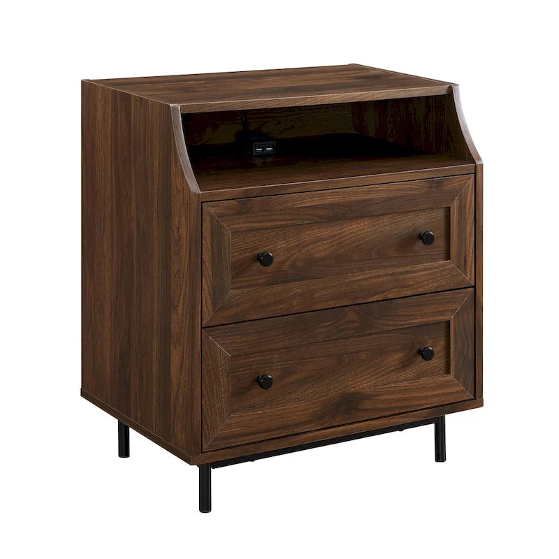Table de chevet 2 tiroirs en bouleau/noyer foncé avec ports USB, style contemporain, unique