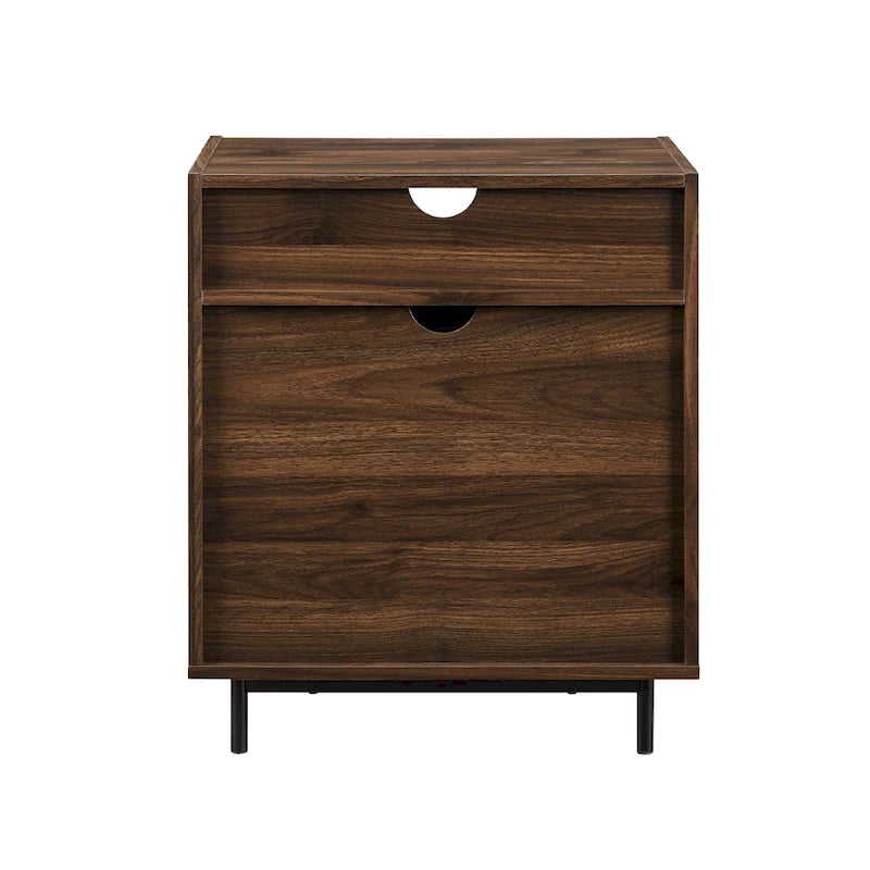 Table de chevet 2 tiroirs en bouleau/noyer foncé avec ports USB, style contemporain, unique