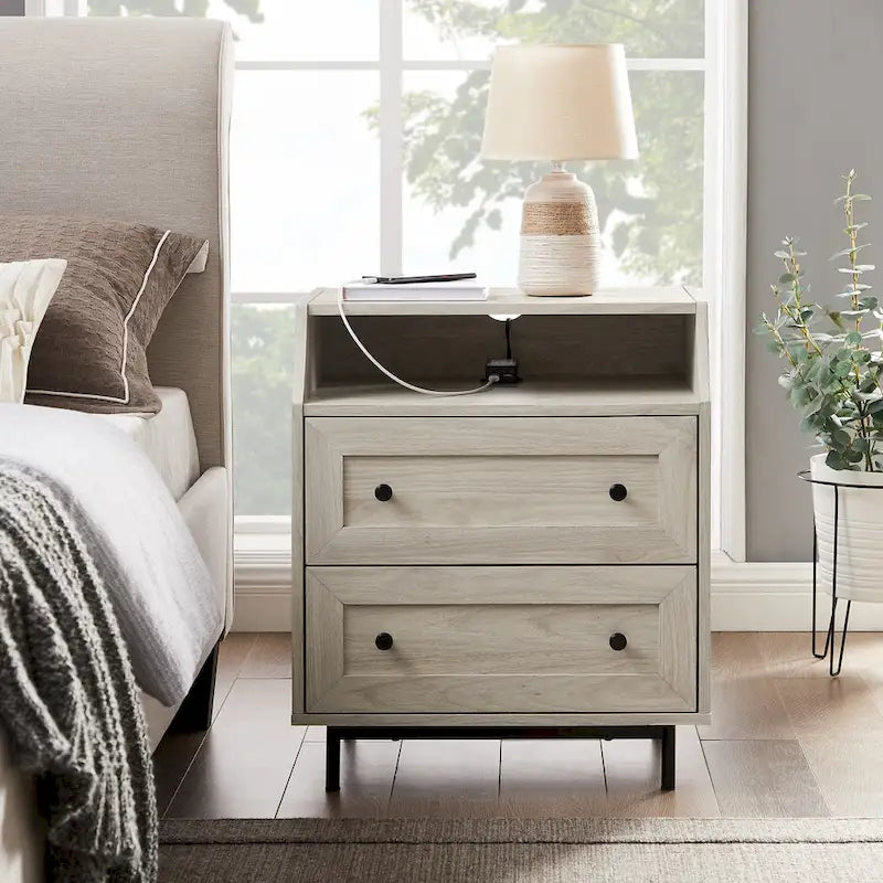 Table de chevet 2 tiroirs en bouleau/noyer foncé avec ports USB, style contemporain, unique