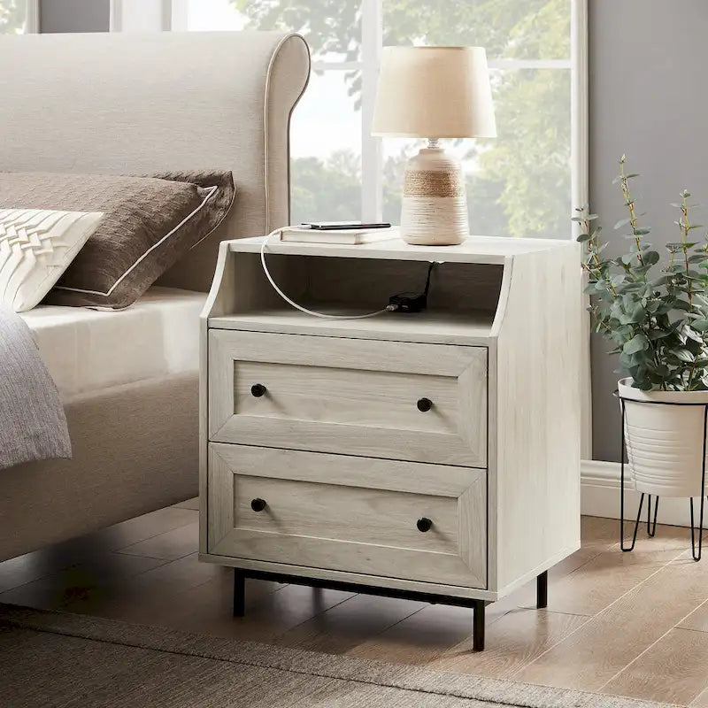 Table de chevet 2 tiroirs en bouleau/noyer foncé avec ports USB, style contemporain, unique