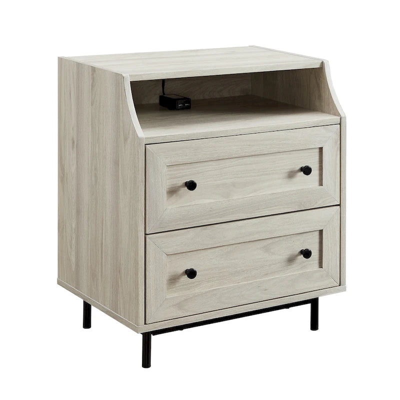 Table de chevet 2 tiroirs en bouleau/noyer foncé avec ports USB, style contemporain, unique