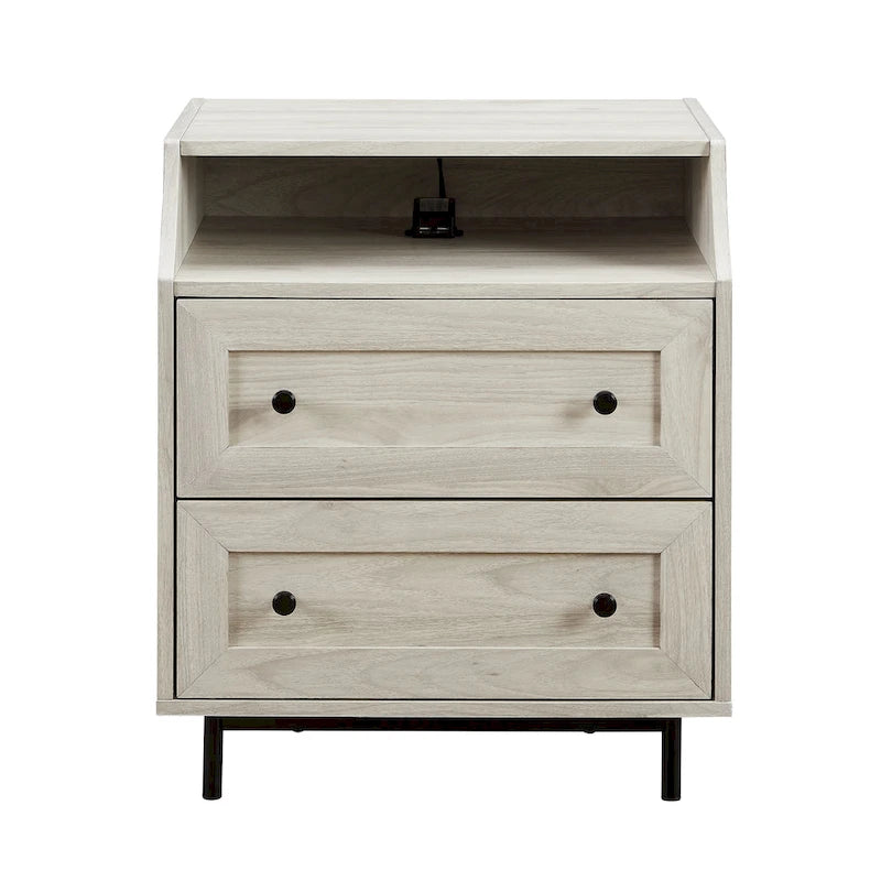 Table de chevet 2 tiroirs en bouleau/noyer foncé avec ports USB, style contemporain, unique