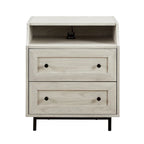 Table de chevet 2 tiroirs en bouleau/noyer foncé avec ports USB, style contemporain, unique