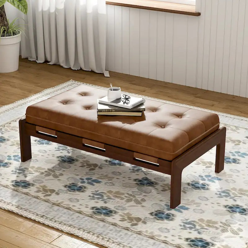 Pouf rectangulaire capitonné en similicuir marron et noyer / marron taupe – 2 places, style table basse