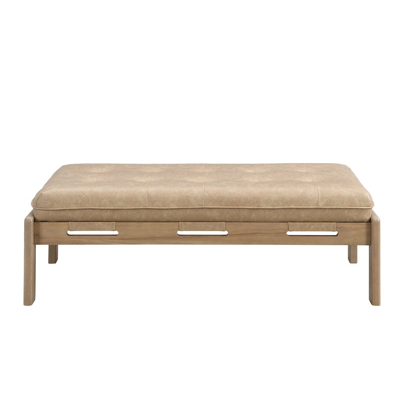 Pouf rectangulaire capitonné en similicuir marron et noyer / marron taupe – 2 places, style table basse