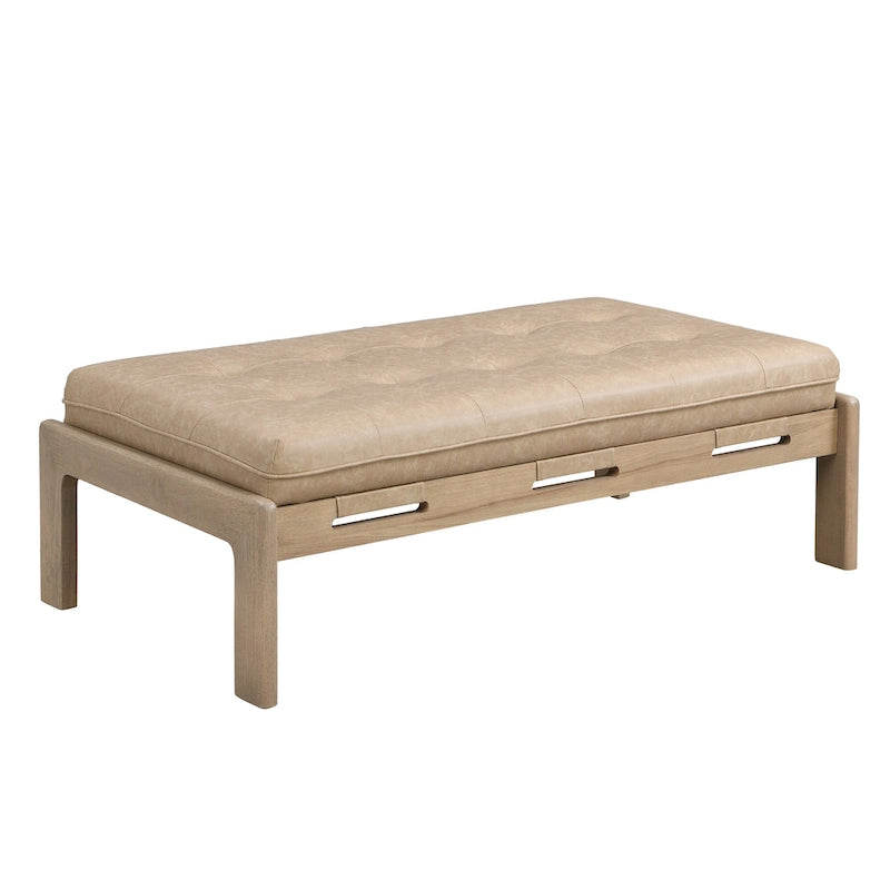 Pouf rectangulaire capitonné en similicuir marron et noyer / marron taupe – 2 places, style table basse