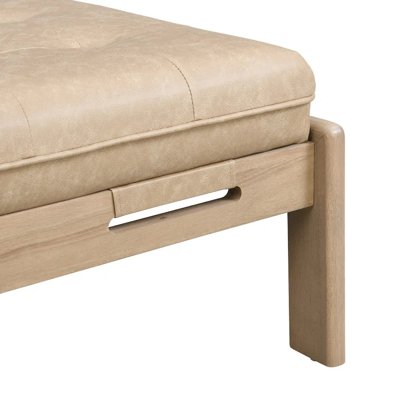 Pouf rectangulaire capitonné en similicuir marron et noyer / marron taupe – 2 places, style table basse