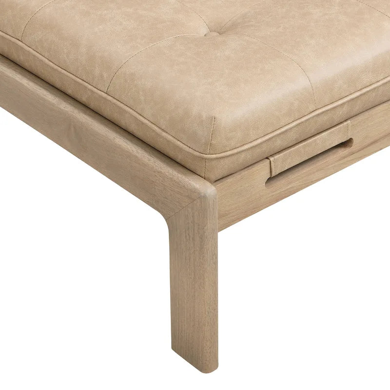 Pouf rectangulaire capitonné en similicuir marron et noyer / marron taupe – 2 places, style table basse