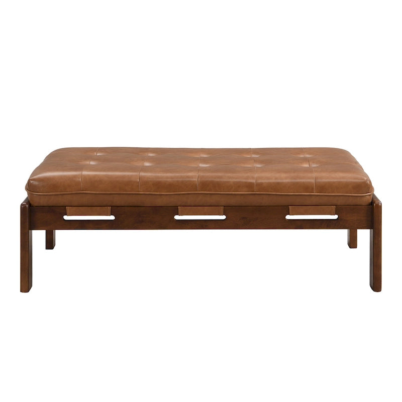 Pouf rectangulaire capitonné en similicuir marron et noyer / marron taupe – 2 places, style table basse