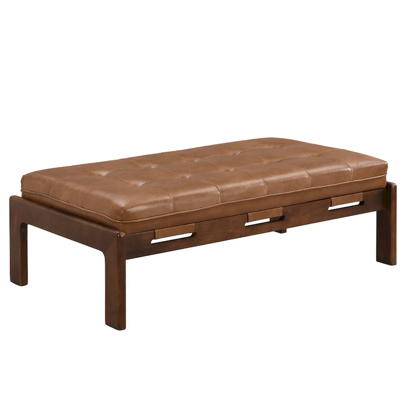 Pouf rectangulaire capitonné en similicuir marron et noyer / marron taupe – 2 places, style table basse