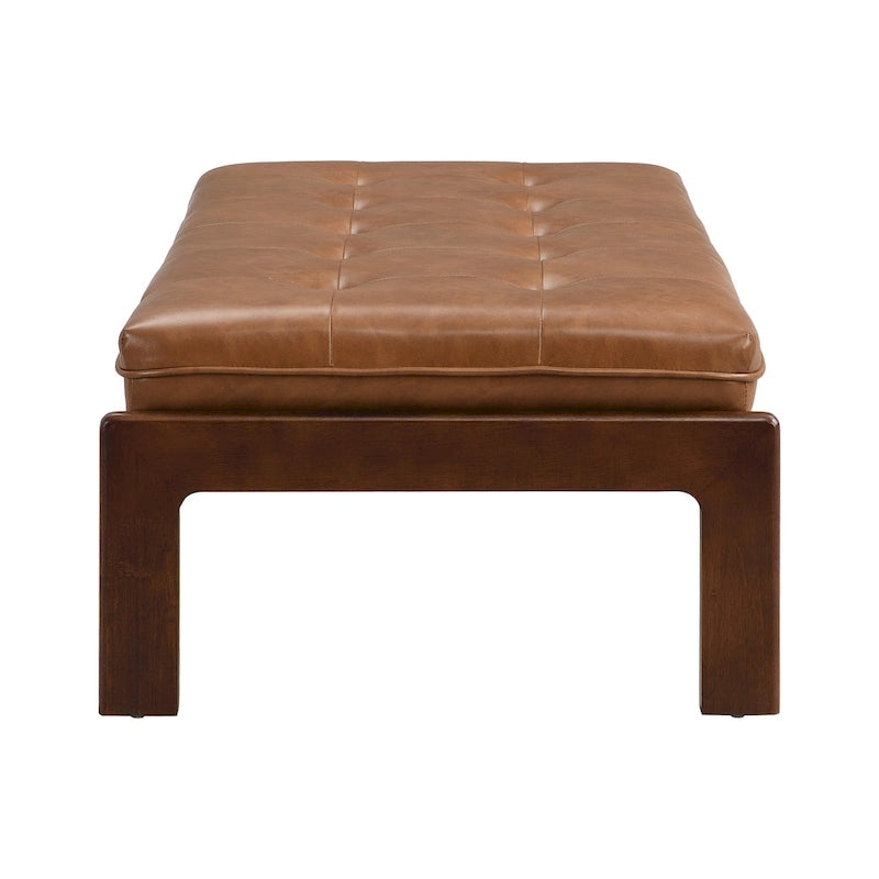 Pouf rectangulaire capitonné en similicuir marron et noyer / marron taupe – 2 places, style table basse