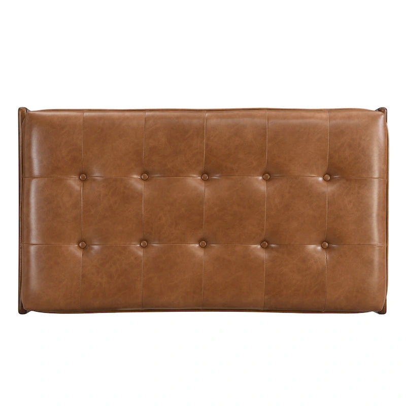 Pouf rectangulaire capitonné en similicuir marron et noyer / marron taupe – 2 places, style table basse