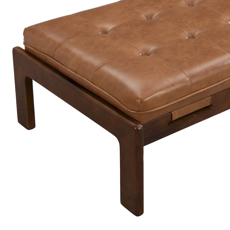 Pouf rectangulaire capitonné en similicuir marron et noyer / marron taupe – 2 places, style table basse