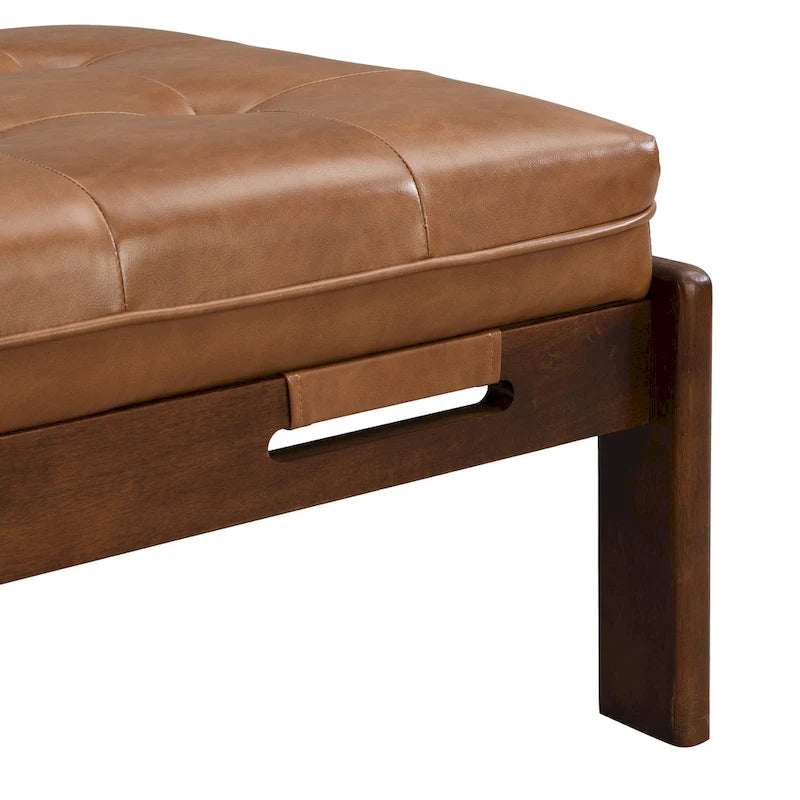 Pouf rectangulaire capitonné en similicuir marron et noyer / marron taupe – 2 places, style table basse