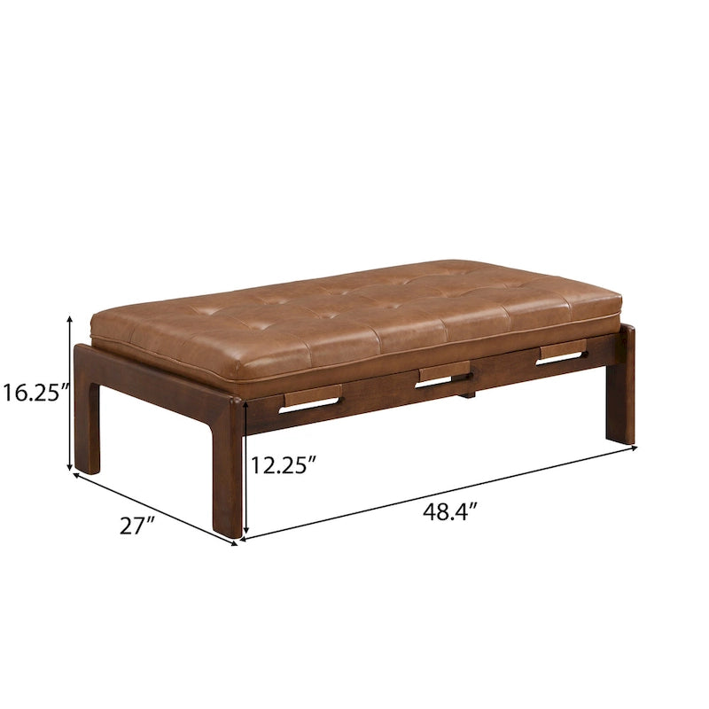 Pouf rectangulaire capitonné en similicuir marron et noyer / marron taupe – 2 places, style table basse