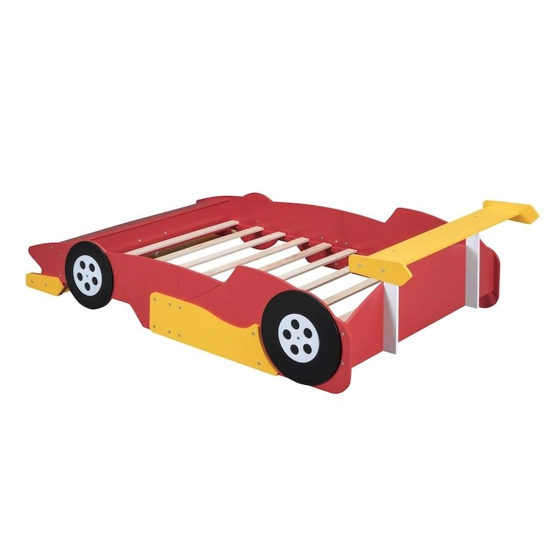 Lit plateforme en forme de voiture de course rouge, style simple, pour 1 personne