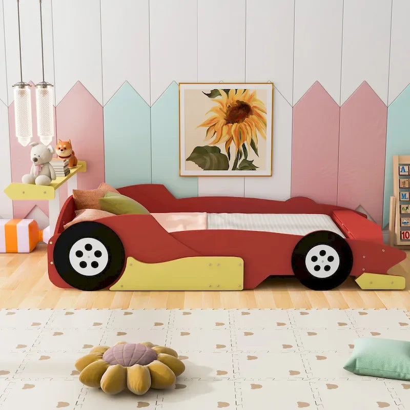 Lit plateforme en forme de voiture de course rouge, style simple, pour 1 personne