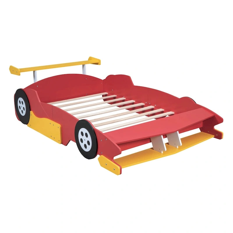 Lit plateforme en forme de voiture de course rouge, style simple, pour 1 personne