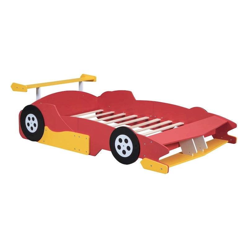 Lit plateforme en forme de voiture de course rouge, style simple, pour 1 personne