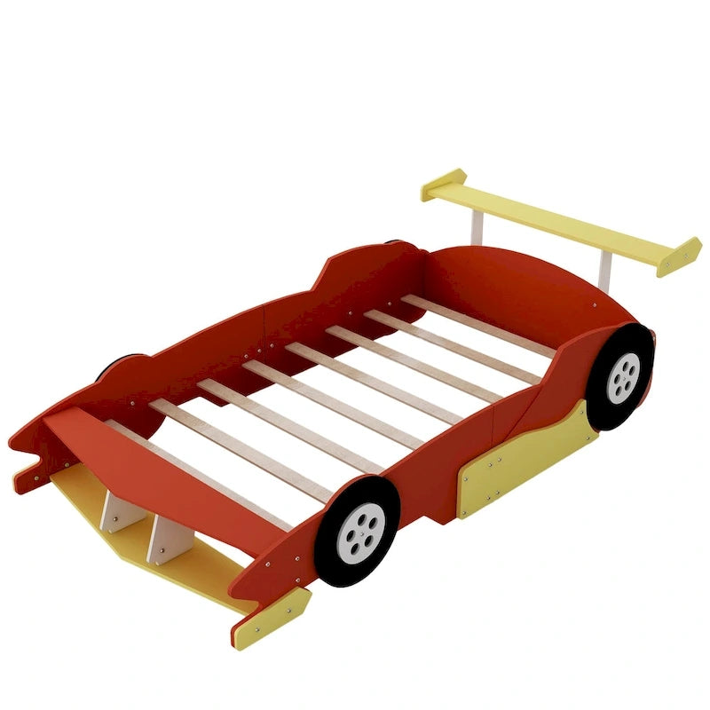 Lit plateforme en forme de voiture de course rouge, style simple, pour 1 personne