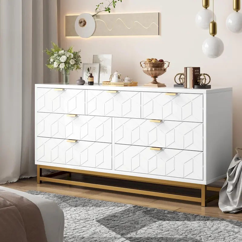 Commode 6 tiroirs blanc/noir avec pieds en métal doré, simple