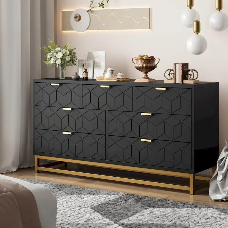 Commode 6 tiroirs blanc/noir avec pieds en métal doré, simple