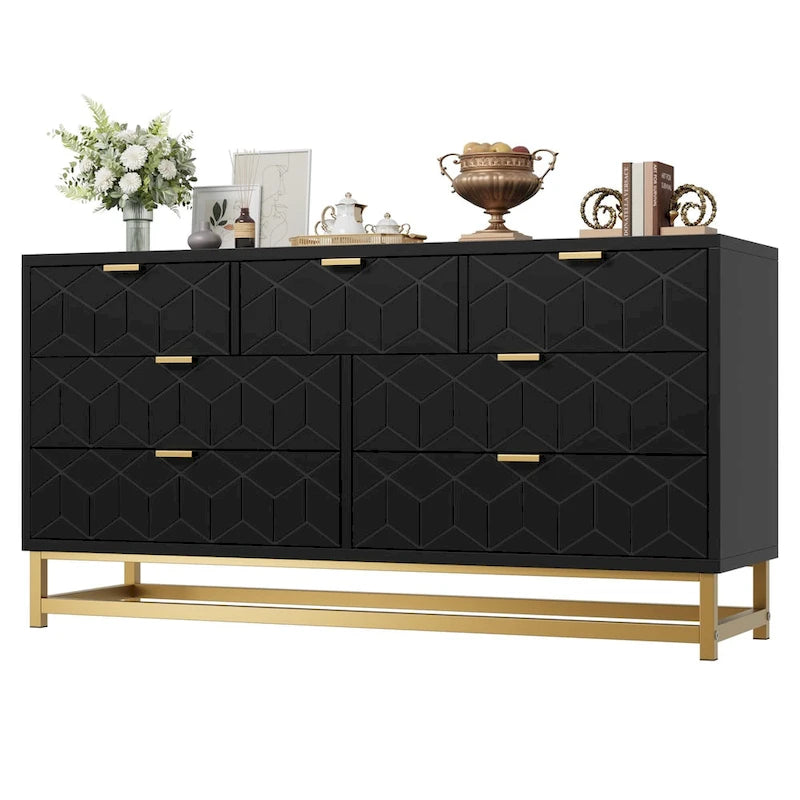 Commode 6 tiroirs blanc/noir avec pieds en métal doré, simple