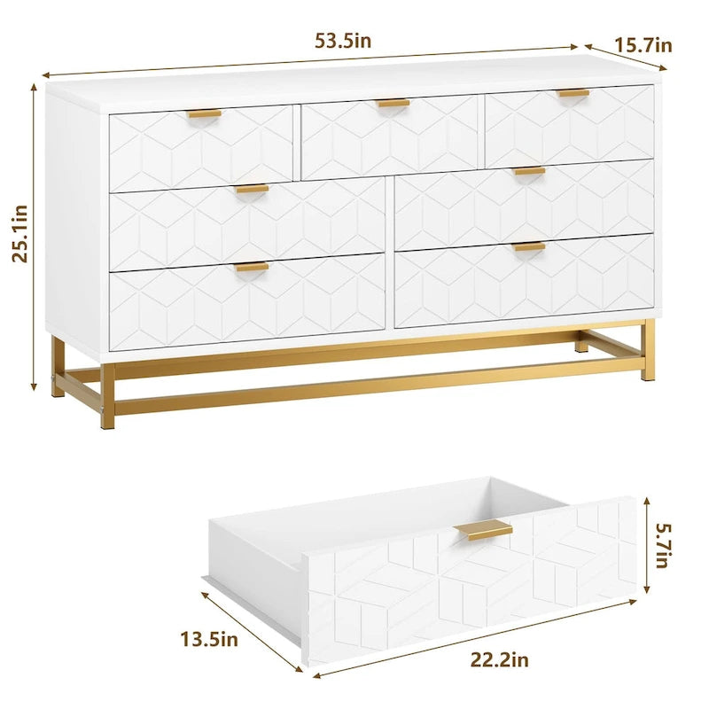 Commode 6 tiroirs blanc/noir avec pieds en métal doré, simple