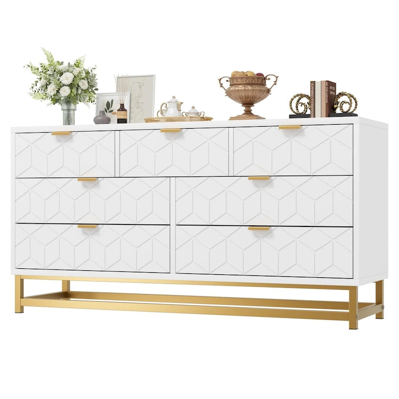 Commode 6 tiroirs blanc/noir avec pieds en métal doré, simple