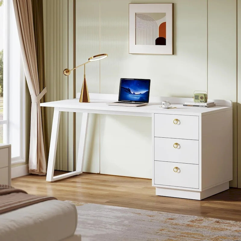 Bureau blanc et doré avec 3 tiroirs, 140 cm, 1 personne