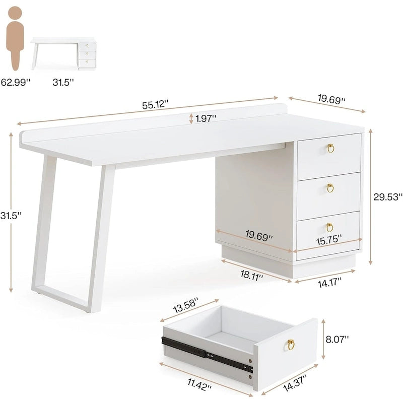 Bureau blanc et doré avec 3 tiroirs, 140 cm, 1 personne