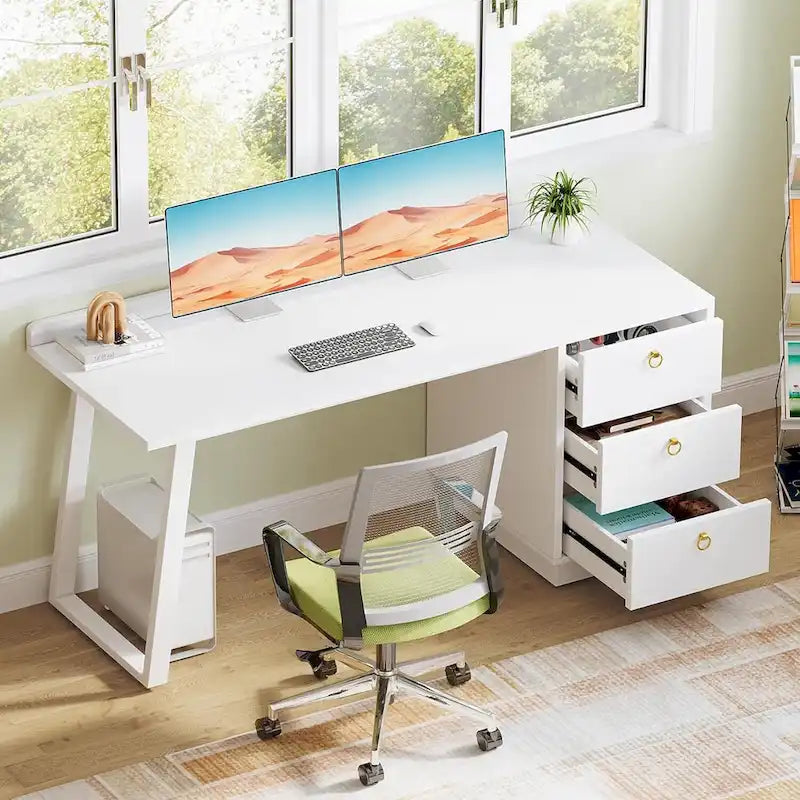 Bureau blanc et doré avec 3 tiroirs, 140 cm, 1 personne