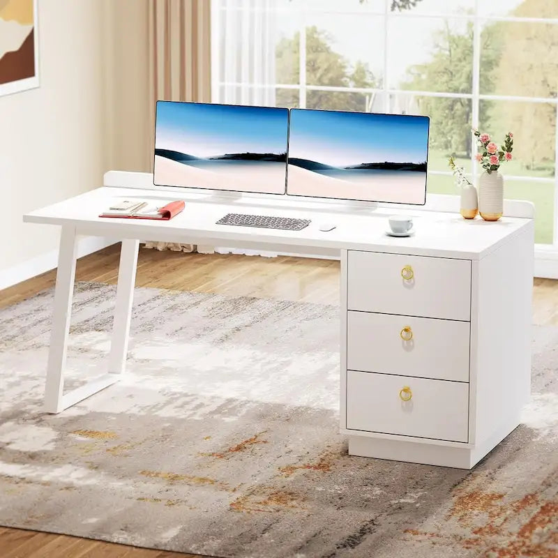 Bureau blanc et doré avec 3 tiroirs, 140 cm, 1 personne