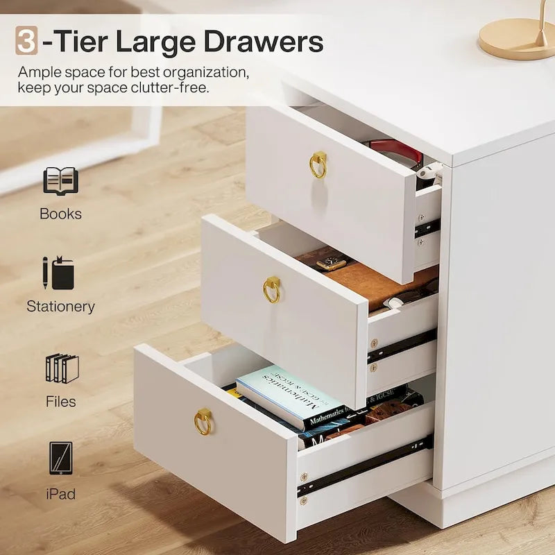 Bureau blanc et doré avec 3 tiroirs, 140 cm, 1 personne