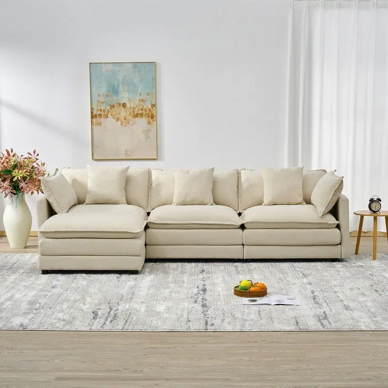 Canapé 3 places en chenille beige/blanc/orange avec pouf