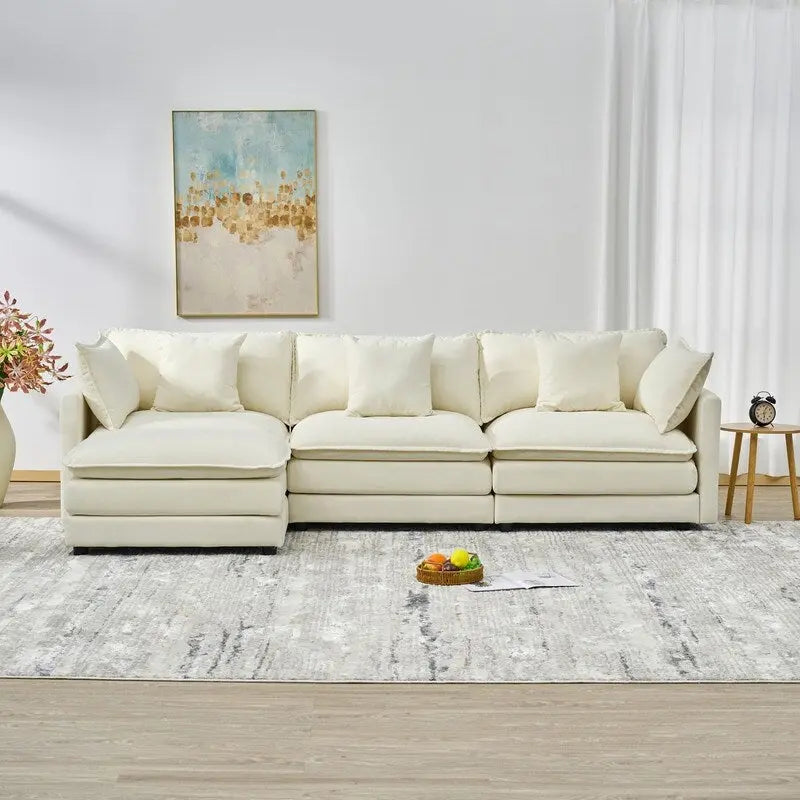 Canapé 3 places en chenille beige/blanc/orange avec pouf