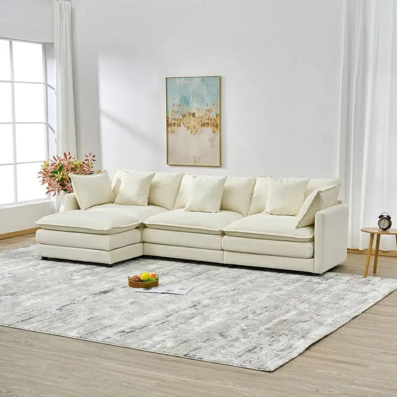 Canapé 3 places en chenille beige/blanc/orange avec pouf