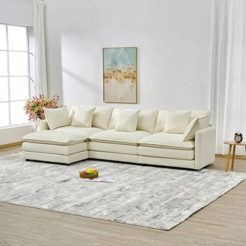 Canapé 3 places en chenille beige/blanc/orange avec pouf