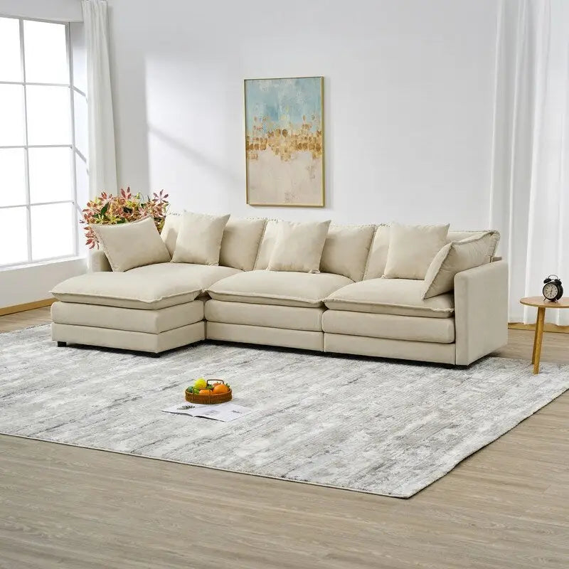 Canapé 3 places en chenille beige/blanc/orange avec pouf