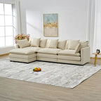 Canapé 3 places en chenille beige/blanc/orange avec pouf