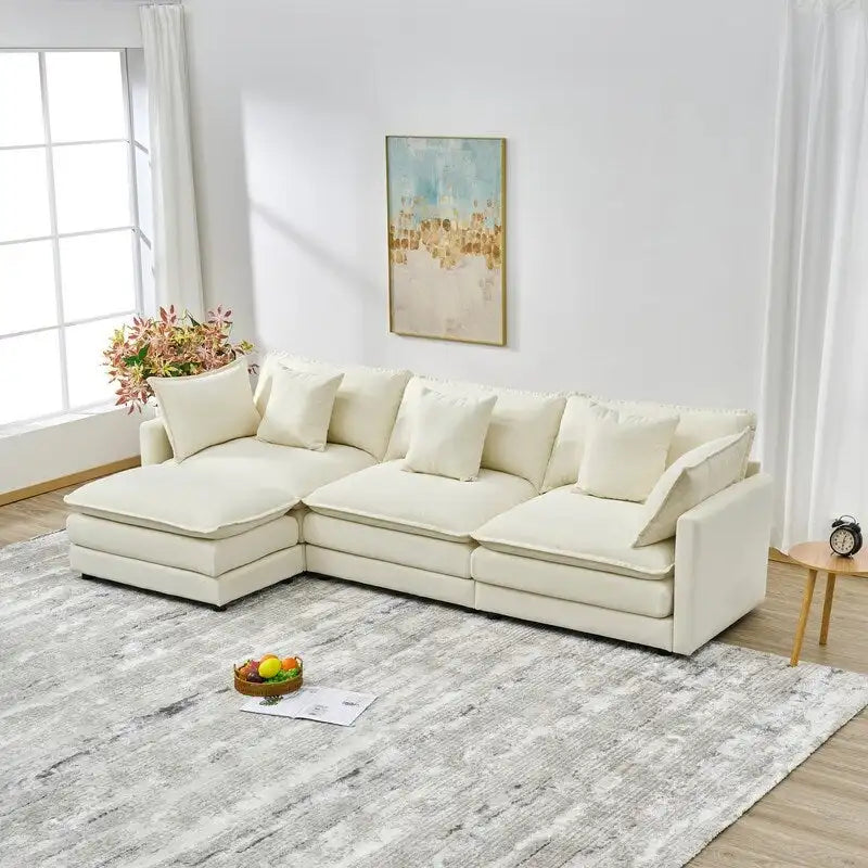 Canapé 3 places en chenille beige/blanc/orange avec pouf