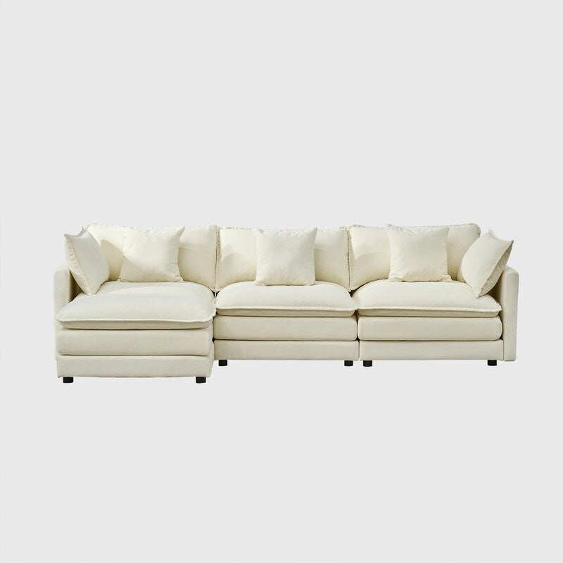 Canapé 3 places en chenille beige/blanc/orange avec pouf